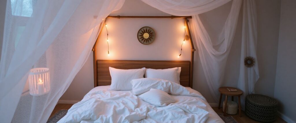 Relaxed bedroom with white organic sheets and fairy lights